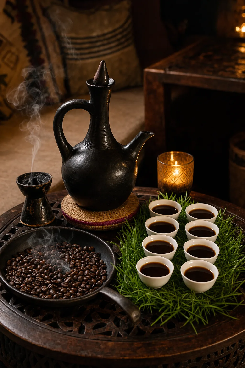 Jebena coffee pot, small cups and incense